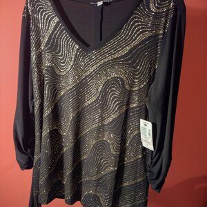 NEW WITH TAGS Black Long Sleeve with Gold Embellished Glittery Top